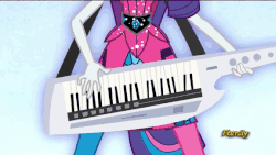 Size: 576x324 | Tagged: safe, screencap, aria blaze, rarity, hippocampus, merpony, siren, equestria girls, g4, my little pony equestria girls: rainbow rocks, animated, attack, discovery family, discovery family logo, female, keytar, musical instrument, ponied up