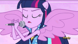 Size: 576x324 | Tagged: safe, screencap, twilight sparkle, equestria girls, g4, my little pony equestria girls: rainbow rocks, animated, discovery family, discovery family logo, female, microphone, ponied up, solo, stars, twilight sparkle (alicorn)