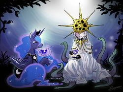 Size: 960x720 | Tagged: safe, princess luna, snake, g4, crossover, dark souls, dark sun gwyndolin, praise the moon, tea, tea party, teacup