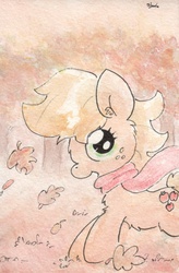Size: 679x1034 | Tagged: safe, artist:slightlyshade, applejack, g4, alternate hairstyle, chest fluff, clothes, cute, female, scarf, solo, traditional art
