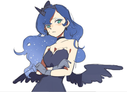 Size: 1108x806 | Tagged: safe, artist:newrein, princess luna, human, g4, female, horn, horned humanization, humanized, simple background, solo, winged humanization