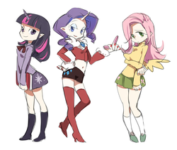 Size: 1500x1268 | Tagged: safe, artist:newrein, fluttershy, rarity, twilight sparkle, human, g4, belly button, boots, clothes, high heel boots, horn, horned humanization, humanized, midriff, pixiv, shoes, socks, sweatershy, thigh boots, thigh highs, winged humanization