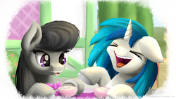 Size: 6400x3600 | Tagged: safe, artist:niegelvonwolf, dj pon-3, octavia melody, vinyl scratch, g4, absurd resolution, coffee, crying, cup, foam, latte, laughing