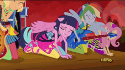Size: 576x324 | Tagged: safe, screencap, applejack, fluttershy, rainbow dash, twilight sparkle, equestria girls, g4, my little pony equestria girls: rainbow rocks, animated, clothes, discovery family, discovery family logo, female, guitar, pantyhose, ponied up, twilight sparkle (alicorn)
