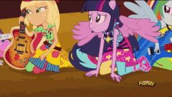 Size: 576x324 | Tagged: safe, screencap, applejack, rainbow dash, sunset shimmer, twilight sparkle, equestria girls, g4, my little pony equestria girls: rainbow rocks, animated, clothes, discovery family, discovery family logo, female, guitar, leather jacket, microphone, pantyhose, ponied up, the coats are off, twilight sparkle (alicorn)