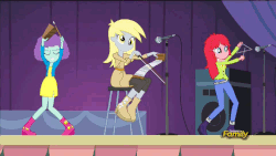 Size: 960x540 | Tagged: safe, screencap, blueberry pie, derpy hooves, raspberry fluff, equestria girls, g4, my little pony equestria girls: rainbow rocks, animated, background human, cowbell, female, musical instrument, musical saw, saw, triangle, trio, trio female