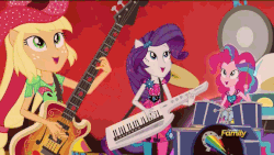 Size: 576x324 | Tagged: safe, screencap, applejack, fluttershy, pinkie pie, rainbow dash, rarity, spike, sunset shimmer, twilight sparkle, dog, human, equestria girls, g4, my little pony equestria girls: rainbow rocks, animated, clothes, discovery family, discovery family logo, guitar, humane five, humane seven, humane six, keytar, musical instrument, pantyhose, ponied up, spike the dog, the rainbooms, twilight sparkle (alicorn)