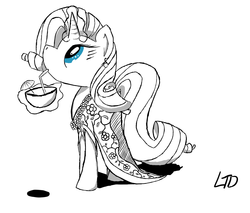 Size: 1594x1358 | Tagged: safe, artist:lyratriestodraw, rarity, pony, unicorn, g4, clothes, dress, drink, ear piercing, earring, female, grayscale, heart eyes, jewelry, looking at something, magic, monochrome, partial color, piercing, simple background, solo, telekinesis, white background, wingding eyes