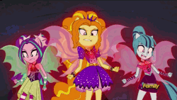 Size: 576x324 | Tagged: safe, screencap, adagio dazzle, aria blaze, sonata dusk, equestria girls, g4, my little pony equestria girls: rainbow rocks, animated, bare shoulders, discovery family, discovery family logo, female, fin wings, floppy ears, oh crap, ponied up, sleeveless, the dazzlings