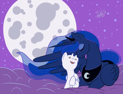 Size: 900x688 | Tagged: safe, artist:freckles, princess luna, oc, oc:crescent, alicorn, pony, g4, alicorn oc, baby, baby pony, cloud, female, foal, hijo de la luna, male alicorn, mare, maternaluna, mother and son, night, prone