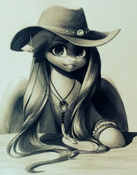 Size: 1603x2046 | Tagged: safe, artist:katputze, fluttershy, pegasus, pony, g4, bracelet, cowboy hat, cute, female, floppy ears, grayscale, grin, hat, jewelry, looking at you, monochrome, necklace, portrait, smiling, solo, stetson, traditional art