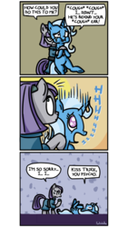 Size: 500x886 | Tagged: safe, artist:foudubulbe, boulder (g4), maud pie, trixie, pony, comic:damp rocks, g4, :t, asphyxiation, bipedal, comic, crying, female, lesbian, on back, open mouth, puffy cheeks, ship:mauxie, shipping, sweat, wide eyes