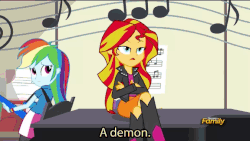 Size: 576x324 | Tagged: safe, screencap, pinkie pie, rainbow dash, sunset shimmer, equestria girls, g4, my little pony equestria girls: rainbow rocks, animated, discovery family, discovery family logo, female, guitar, musical instrument, piano, subtitles