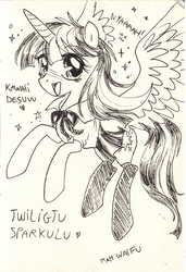 Size: 546x800 | Tagged: safe, artist:yulyeen, twilight sparkle, alicorn, pony, g4, cute, female, manga, mare, monochrome, parody, solo, traditional art, twilight sparkle (alicorn), waifu