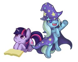 Size: 591x472 | Tagged: safe, artist:leeeheeey, trixie, twilight sparkle, pony, unicorn, g4, book, female, mare