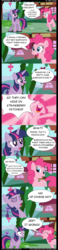 Size: 844x3648 | Tagged: safe, artist:mikedugan, pinkie pie, twilight sparkle, alicorn, elephant, pony, g4, bush, comic, female, insane troll logic, joke, logic, logical fallacy, mare, strawberry, twilight sparkle (alicorn)