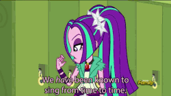 Size: 576x324 | Tagged: safe, screencap, adagio dazzle, aria blaze, sonata dusk, sunset shimmer, equestria girls, g4, my little pony equestria girls: rainbow rocks, animated, caption, clothes, discovery family, discovery family logo, female, slit throat gesture, subtitles, text