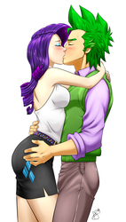 Size: 1200x2111 | Tagged: safe, artist:pia-sama, rarity, spike, human, g4, breast squish, breasts, busty rarity, butt touch, duo, eyes closed, female, hand on butt, humanized, kiss on the lips, kissing, male, nail polish, older, older spike, ship:sparity, shipping, straight