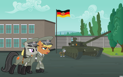 Size: 5000x3125 | Tagged: safe, artist:a4r91n, ms. harshwhinny, octavia melody, strawberry ice, g4, background pony, clothes, east germany, flag, gdr, german, germany, gun, high res, military uniform, pants, rifle, t-72, tank (vehicle), uniform, vector