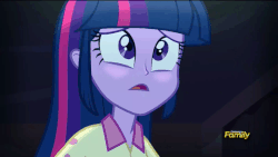 Size: 576x324 | Tagged: safe, screencap, twilight sparkle, equestria girls, g4, my little pony equestria girls: rainbow rocks, animated, blushing, cute, discovery family, discovery family logo, eye shimmer, female, implied lesbian, implied shipping, implied sunsetsparkle, solo, twiabetes