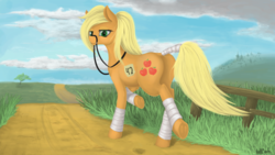 Size: 3000x1688 | Tagged: dead source, safe, artist:oneofyouare, applejack, earth pony, pony, g4, 42, bridle, butt, dock, female, horses doing horse things, leg wraps, plot, reins, solo, tack, tail wrap