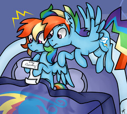 Size: 2000x1800 | Tagged: safe, artist:monnarcha, rainbow dash, pegasus, pony, g4, bed, duo, female, male, pillow, pregnancy test, rainbow blitz, ruined for marriage, rule 63, self ponidox, selfcest, ship:dashblitz, shipping, straight