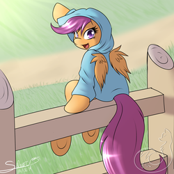 Size: 2000x2000 | Tagged: safe, artist:silverfox057, scootaloo, g4, clothes, female, filly, high res, hoodie, open mouth, solo