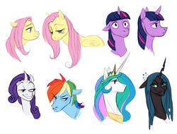 Size: 987x750 | Tagged: safe, artist:sangreazul, fluttershy, princess celestia, queen chrysalis, rainbow dash, rarity, twilight sparkle, g4, expressions, portrait