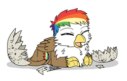 Size: 820x522 | Tagged: safe, artist:breezepleeze, oc, oc only, oc:rainbow feather, griffon, baby, chickub, cute, egg, hatchling, interspecies offspring, magical lesbian spawn, offspring, parent:gilda, parent:rainbow dash, parents:gildash, solo