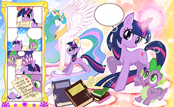 Size: 400x246 | Tagged: safe, artist:akira himekawa, princess celestia, spike, twilight sparkle, alicorn, dragon, pony, unicorn, g4, book, female, japanese, male, manga, mare, unicorn twilight