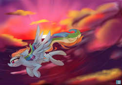 Size: 4000x2800 | Tagged: safe, artist:nekosnicker, rainbow dash, g4, female, flying, solo, sunset