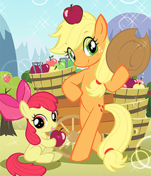 Size: 400x466 | Tagged: safe, artist:akira himekawa, apple bloom, applejack, earth pony, pony, g4, adorabloom, apple, applebetes, bipedal, bipedal leaning, cute, female, jackabetes, japanese, leaning, manga, siblings, sisters