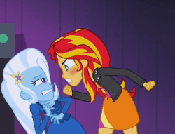 Size: 384x293 | Tagged: safe, screencap, sunset shimmer, trixie, equestria girls, g4, my little pony equestria girls: rainbow rocks, blushing, duo, gif, non-animated gif, rage