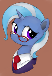 Size: 2000x2928 | Tagged: safe, artist:greenprickle, artist:kas92, trixie, pony, unicorn, g4, brown background, bust, clothes, colored, cute, diatrixes, female, frown, glasses, high res, mare, necktie, portrait, raised eyebrow, sad, simple background, solo, suit