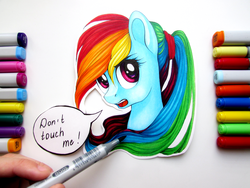 Size: 4000x3000 | Tagged: dead source, safe, artist:vird-gi, rainbow dash, g4, alternate hairstyle, drawn into existence, female, fourth wall, hand, high res, marker, marker drawing, markers, open mouth, pen, photo, ponytail, simple background, solo, speech bubble, traditional art, white background