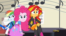 Size: 1280x718 | Tagged: safe, screencap, pinkie pie, rainbow dash, sunset shimmer, equestria girls, g4, my little pony equestria girls: rainbow rocks, :3, balloon, boots, clothes, discovery family, discovery family logo, face, female, high heel boots, skirt
