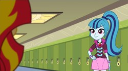 Size: 1280x718 | Tagged: safe, screencap, sonata dusk, sunset shimmer, equestria girls, g4, my little pony equestria girls: rainbow rocks, clothes, hand on hip, skirt