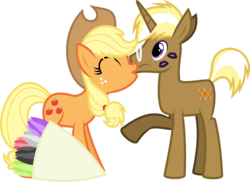 Size: 8813x6400 | Tagged: safe, artist:parclytaxel, applejack, trenderhoof, earth pony, pony, unicorn, g4, .svg available, absurd resolution, bouquet, eyes closed, female, flower, frown, kiss mark, kissing, lipstick, male, mare, raised hoof, request, shipping, simple background, smiling, stallion, straight, surprise kiss, surprised, transparent background, trenderjack, tulip, vector