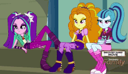 Size: 1584x926 | Tagged: safe, screencap, adagio dazzle, aria blaze, sonata dusk, equestria girls, g4, my little pony equestria girls: rainbow rocks, animated, discovery family, discovery family logo, female, giggling, laughing, sitting, the dazzlings