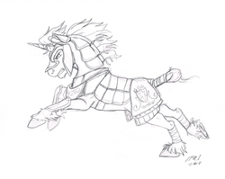 Size: 1190x947 | Tagged: safe, artist:carnivorouscaribou, shining armor, g4, armor, male, monochrome, running, solo, tail wrap, traditional art