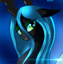 Size: 1294x1306 | Tagged: dead source, safe, artist:skyart301, queen chrysalis, changeling, changeling queen, g4, fangs, female, floppy ears, smiling, solo