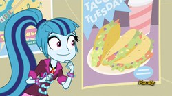 Size: 1280x718 | Tagged: safe, screencap, sonata dusk, equestria girls, g4, my little pony equestria girls: rainbow rocks, food, guitar, musical instrument, poster, sonataco, taco, that girl sure loves tacos, that siren sure does love tacos