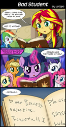 Size: 800x1540 | Tagged: safe, artist:uotapo, applejack, fluttershy, pinkie pie, rainbow dash, rarity, sunset shimmer, twilight sparkle, pony, equestria girls, g4, my little pony equestria girls: rainbow rocks, bad handwriting, comic, engrish, scene parody, twilight sparkle (alicorn)