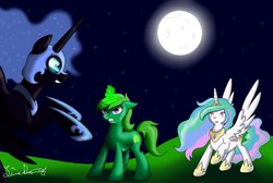 Size: 1090x733 | Tagged: safe, artist:crispych0colate, artist:limedreaming, nightmare moon, princess celestia, oc, oc:lime dream, pony, unicorn, g4, dream