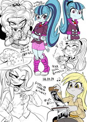 Size: 1000x1400 | Tagged: safe, artist:nekubi, adagio dazzle, derpy hooves, sonata dusk, trixie, equestria girls, g4, my little pony equestria girls: rainbow rocks, cute, evil smile, gem, grin, heart, innocent, japanese, messy eating, musical instrument, musical saw, partial color, saw, simple background, siren gem, smiling, sonatabetes, sonataco, taco, that girl sure loves tacos, that siren sure does love tacos, translated in the comments, white background