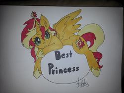 Size: 960x720 | Tagged: safe, artist:dj-rabbit, sunset shimmer, alicorn, pony, g4, alicornified, best princess, cute, female, lying, princess, race swap, shimmerbetes, shimmercorn, solo, traditional art