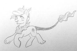 Size: 1024x677 | Tagged: safe, artist:kianamai, oc, oc only, oc:cotton candy, draconequus, kilalaverse, monochrome, next generation, offspring, parent:pinkie pie, parent:pokey pierce, parents:pokeypie, pencil drawing, species swap, traditional art