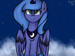 Size: 1024x768 | Tagged: safe, artist:nika-rain, princess luna, g4, female, looking at you, s1 luna, sitting, smiling, solo, spread wings