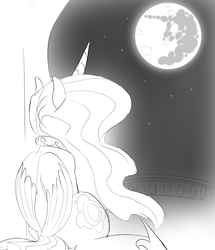 Size: 1298x1510 | Tagged: safe, artist:zev, princess celestia, g4, female, grayscale, looking up, mare in the moon, monochrome, moon, night, sitting, solo