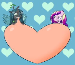 Size: 1000x865 | Tagged: safe, artist:empyu, princess cadance, queen chrysalis, alicorn, changeling, changeling queen, anthro, g4, :t, duo, eating, female, gritted teeth, heart, nom, wink